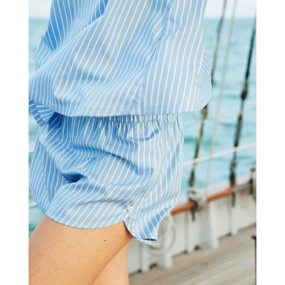 LAKE Pajama 2-PC Set LARGE Top Shorts Blue White Stripe 100% Cotton - Picture 4 of 16